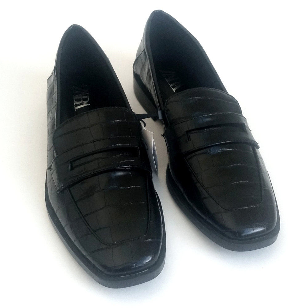 Zara Women's Black Alligator Embossed Square Toe Flat Penny Loafers 38 (7.5) - Picture 12 of 16